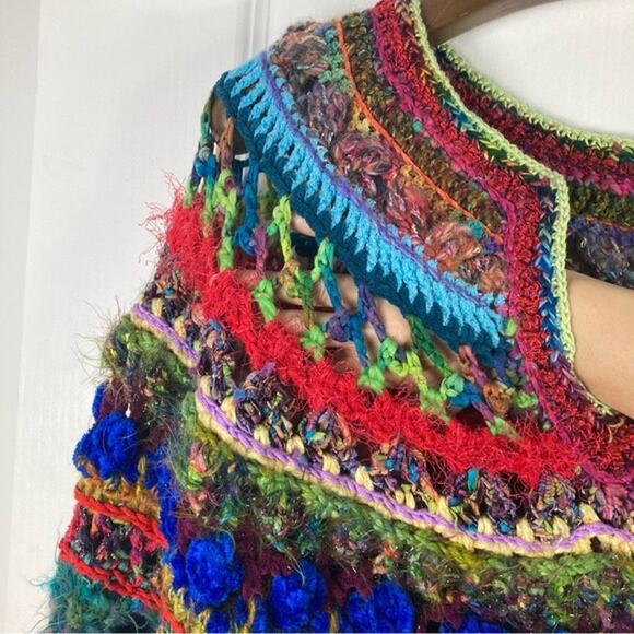 Cape Poncho Jacket Coat Sweater Cardigan Knit Crochet Thick Handmade Multicolor - Picture 3 of 14